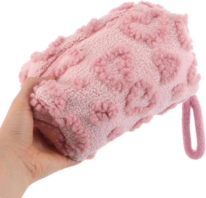 Large Capacity Pink Plush Heart Makeup Bag Travel Cosmetic Pouch Soft Toiletry Organizer - Image 4